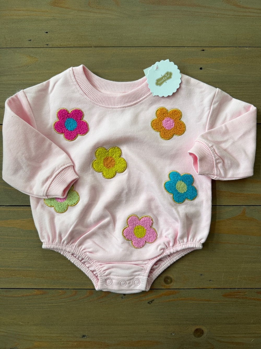 NWT Mudpie Pink Floral Appliqué Bubble Romper - 3-6 Months